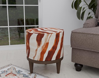 Striped footstool, Rust color pouf, Round footrest, Contemporary seat, Foyer pouf stool, Rustic ottoman table, Round kitchen chair