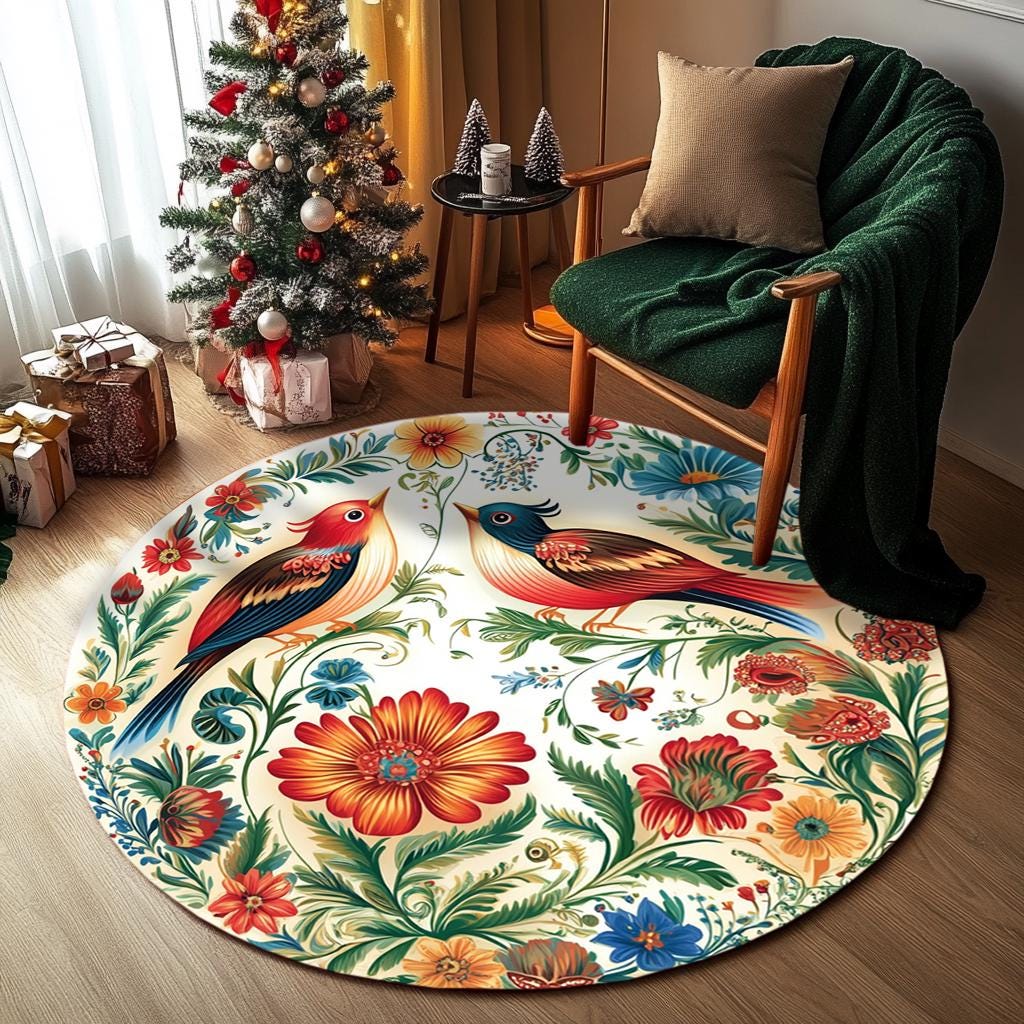 USA RUG / チューリップ柄 Botanical Rug, Bird Print Rug, Floral Rug, Contemporary Rug