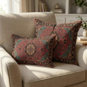 Red and Teal Turkish Kilim Pattern Pillow Cover, Double Sided Washable Fabric, RB-2234