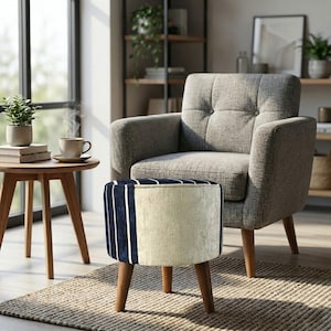 Taburete azul marino, Asiento cómodo, Taburete puf artístico, Banco de trabajo de madera, Reposapiés de lujo, Reposapiés decorativo, Reposapiés redondo, Mesa de suelo