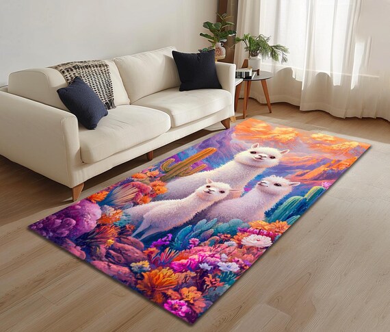 Lama Family Rug, Floral Rug, Landing Rug, Sustainable Rug, Modern
