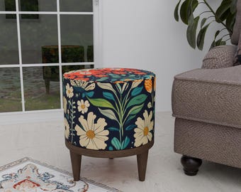 Floral footstool, Poufy ottoman, Round mid table, Rustic kitchen chair, Cozy footrest, Round desk chair, Vanity pouf stool, Handmade bench