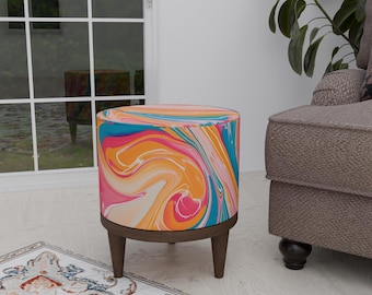 Multicolor footstool, Painting design pouf, Balcony footrest, Ottoman end table, Round piano bench, Bedroom pouf stool, Bench plant stand