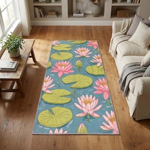 Pink Water Lily Area Rug | Washable Blue Floral Floor Mat, RB-2408