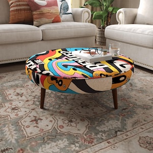Pop Art Coffee Table | Typography Patterned Accent Stool | Retro Comic Upholstered Ottoman
