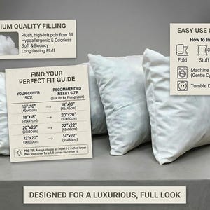 The image is a collage of three images, each depicting a different type of pillow, including a premium quality filling pillow, an easy use and care guide, and a machine washable fluff pillow. The collage is designed for a luxurious, full-look, and it is intended to provide information about the pillows' features and uses.
