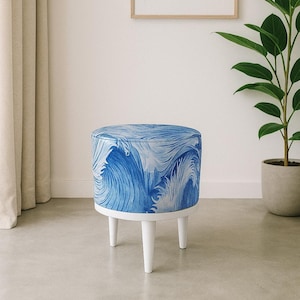 Wave print stool, Blue pouf stool, Home decoration, Contemporary footrest, Stool for accent, Luxury pouf stool, Ottoman seating, Round stool