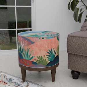 Landscape print pouf, Nature lovers stool, Round kitchen chair, Padded footrest, Housewarming bench, Interior decor, Vanity pouf stool