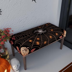 Spider  motif bench, Horror theme bench, Cobweb design pouf, Comfy footrest, Bath organizer, Halloween decor, Accent piece, RB bench 1848