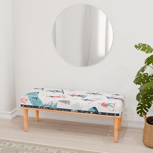 Winter theme bench, Snowboard print bench, Ottoman cool bench, Colorful bench, Sleeper bench, Padded bench, Window bench seat, RB bench 369