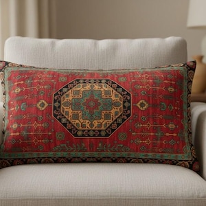 Funda de cojín lumbar estilo kilim rústico en rojo y verde azulado para salón bohemio RB-2247