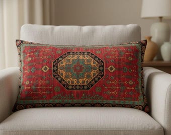Rustic red and teal kilim lumbar pillow cover for bohemian living room RB-2247
