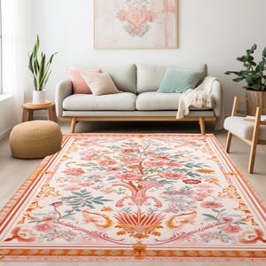 Floral rug, Vintage inspired rug, Pinky rug, Authentic rug, Versatile rug, Surface rug, Washable rug, Latex backing rug, Runner rug, RB-993