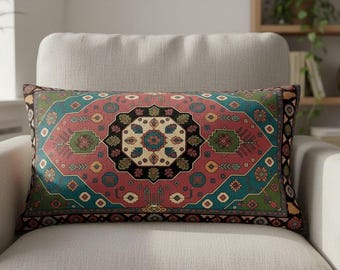 Orientalischer gemusterter türkischer Kelim-Lendenkissenbezug, grüner und blaugrüner ethnischer Dekor, RB-2224