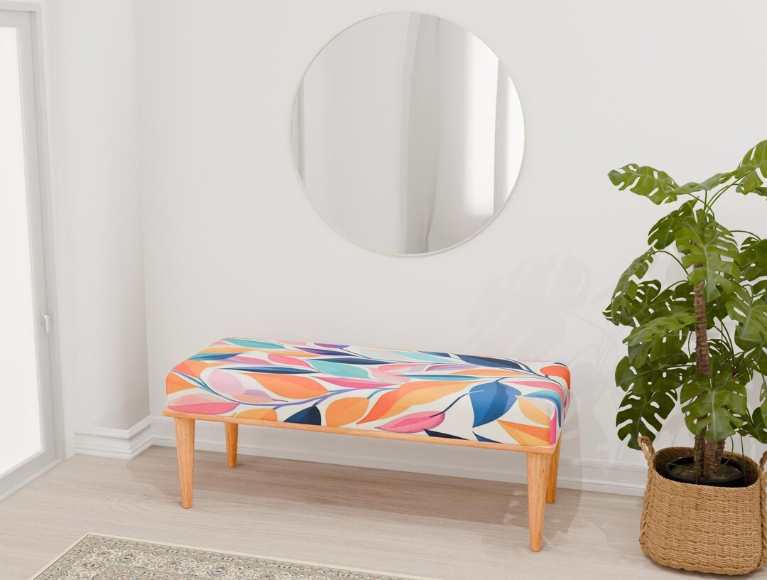 Colorful Bench, Leaf Print Bench, Livingroom Bench, Boho Bench, Kitchen ...