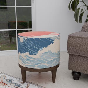 Ocean inspired pouf, Wave design stool, Cozy home decor, Fireside round seat, Functional footstool, Utility pouf stool, Round side table
