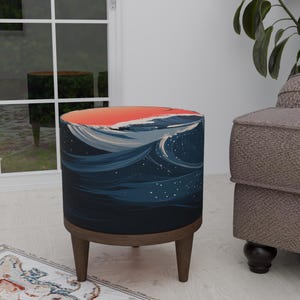 Sunset view bench, Ocean theme pouf, Ottoman end table, Utility footstool, Housewarming stool, Bedroom pouf, Bohemian chair, Round footrest