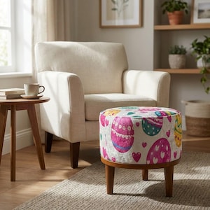 Round fireside stool, Entryway shoe pouf, Easter theme stool, Cute footrest, Ottoman pouf stool, Unique design bench, Round make up chair