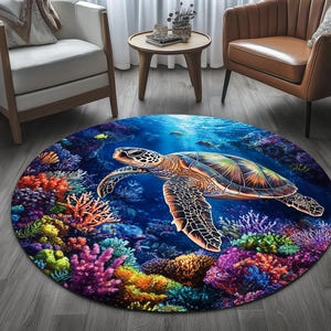 Ocean themed rug, Sea turtle print rug, Round rug, Pictorial rug, Underwater rug, Bedroom rug, Living room rug, Non slip rug, RB-398