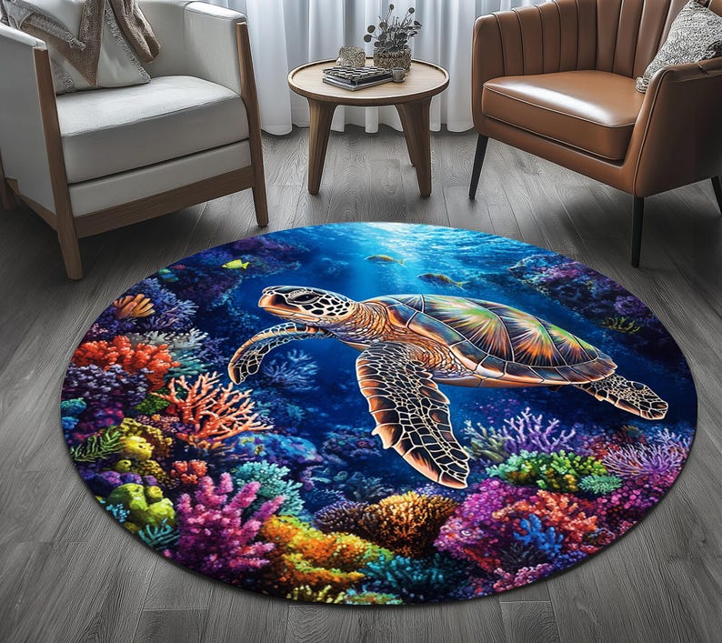 Ocean themed rug, Sea turtle print rug, Round rug, Pictorial rug, Underwater rug, Bedroom rug, Living room rug, Non slip rug, RB-398