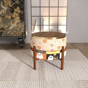 Lindo banco redondo reversible con diseño de calabaza / Otomana de madera con diseño de patchwork
