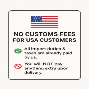 a sign stating "NO CUSTOMS FEES FOR USA CUSTOMERS" with a green checkmark and a red prohibition sign.