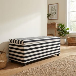 Banco otomano con almacenaje a rayas blancas y negras, moderno y minimalista, tapizado para dormitorio o entrada RB 2105