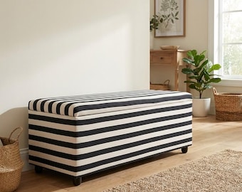 Black and White Striped Storage Ottoman Bench, Modern Minimal Upholstered Bench for Bedroom or Entryway RB 2105