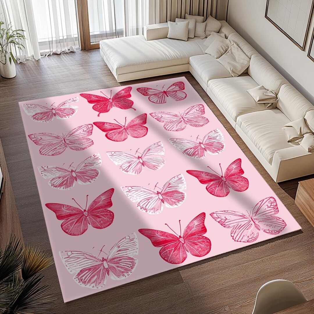 Butterfly Print Rug, Pinky Rug, Girl Room Rug, Cute Rug, Bordered Rug ...