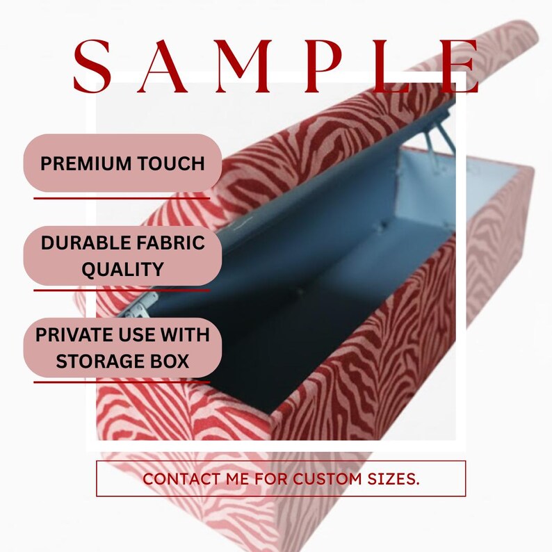 a storage box with a zebra print pattern, and it is described as a "SAMPLE" with a "PRIMARY TOUCH" and "PRIVATE USE WITH STORAGE BOX".