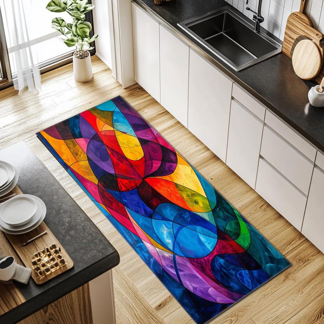 Many Circles Rug Colorful Abstract Circles Rug, Modern Bedroom Carpet, Washable ...