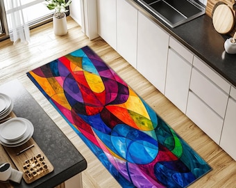Colorful Abstract Circles Rug, Modern Bedroom Carpet, Washable Geometric Area Rug, Vibrant Floor Decor, RB-26