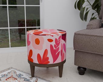 Girl room pouf, Pinky footstool, Heart print stool, Floral round footrest, Ottoman round bench, Versatile pouf stool, Lovely round pouf