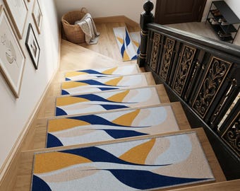 Modern stair treads rug, Rubber backing stair rug, Slip resistant rug, Boho home decoration, Washable stair mat, Durable staircase, RB-202