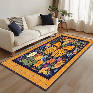 Floral rug, Butterfly print rug, Farmhouse rug, Retro rug, Pet friendly rug, Tiny rug, Under table rug, Washable rug, Non slip rug, RB-1072