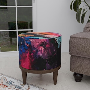 Abstract footstool, Moody round pouf, White bench legs, Bench with cushion, Dining table chair, Round stand bench, Ottoman rustic pouf