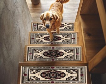 Ethnic themed step rug, Chic stair rug, Slip resistant stair rug, Modern stair runner, Washable stair mat, Eclectic stair treads, RB-367