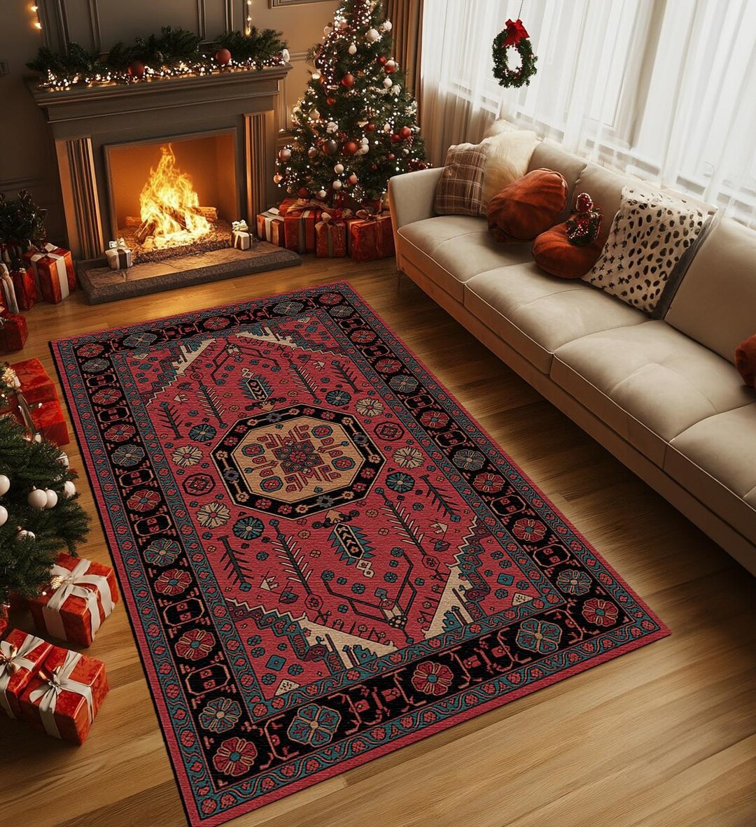 Red Rustic Rug Nomadic Rust Red Rug Features Geometric Medallion Art for Cozy Rustic ...