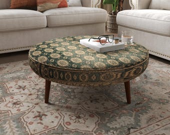 Green Geometric Patterned Ottoman | Emerald Hexagon Upholstered Footstool | Printed Round Low Table