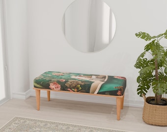 Floral bench, Goat design bench, Ottoman dressing chair, Soft touch bench, Entryway organizer, Portable bench, Eclectic bench, RB bench 1159