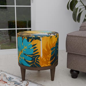 Tropical footstool, Leaf print pouf, Ottoman round bench, Rustic french table, Round entryway seat, Diningroom chair, Dressing room pouf,