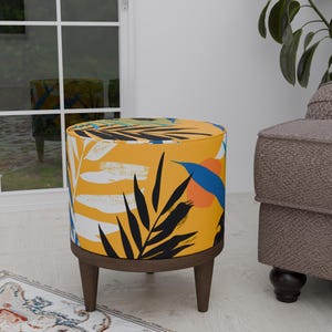 Summer theme pouf, Tropical footstool, Portable round bench, Durable footrest, Soft cushioned stool, Ottoman organizer, Round cool footrest