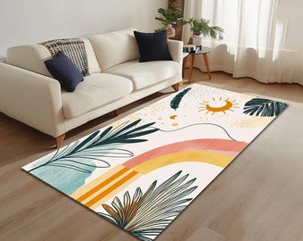 Figurative rug, Leaf pattern rug, Pastel color rug, Print area rug, Light rug, Living room rug, Home entrance rug, Anti slip rug, RB-458