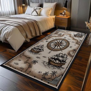 Tapis imprimé beige, tapis design boussole, tapis carte au trésor, tapis primitif, tapis art déco, tapis lavable en machine, tapis antidérapant, tapis élégant, RB-1546