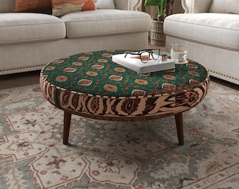 Green Patterned Coffee Table | Round Ottoman For Relaxing Spaces | Wooden Stool Furniture