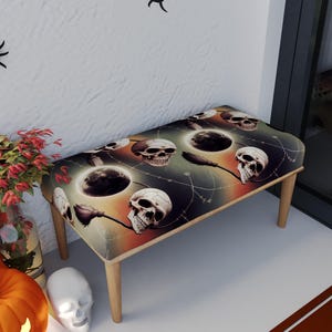 Skull design bench, Gothic home decor, Halloween gift idea, Witch&#39;s broom pouf, Wood work bench, End of bed bench, Cozy stool, RB bench 1856