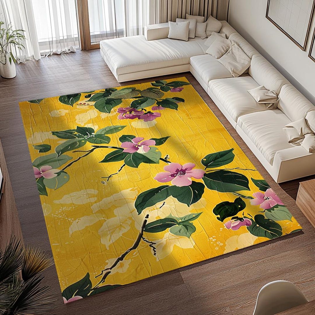 Floral Rug, Yellow Rug, Bordered Rug, Foldable Rug, Easy to Clean Rug ...