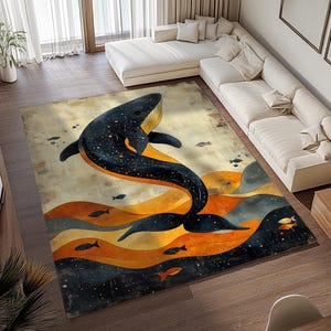 May include: A black and blue whale with a starry pattern swims through a yellow, orange, and blue abstract wave design. The rug has a vintage, faded look.
