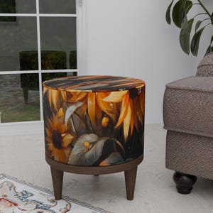 Sunflower print pouf, Dark color stool, Soft cushioned bench, Round ottoman pouf, Livingroom footrest, Round vanity stool, Kitchen chair