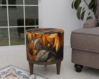 Sunflower print pouf, Dark color stool, Soft cushioned bench, Round ottoman pouf, Livingroom footrest, Round vanity stool, Kitchen chair